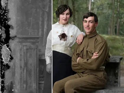A damaged old photo of a couple, half restored in color
