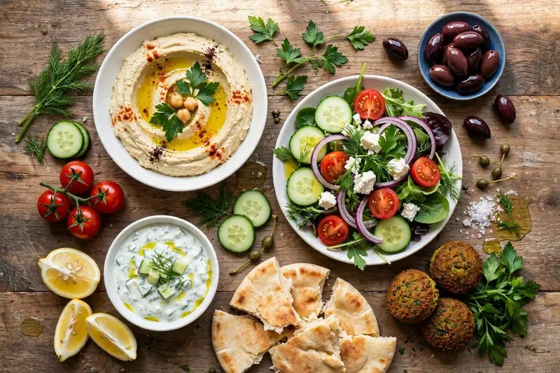 A table of mezze dishes with the Kodachrome filter, original photo