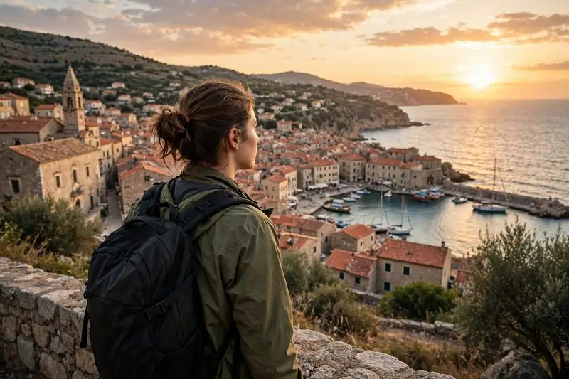 A traveler looking over a harbor town at sunset, original photo